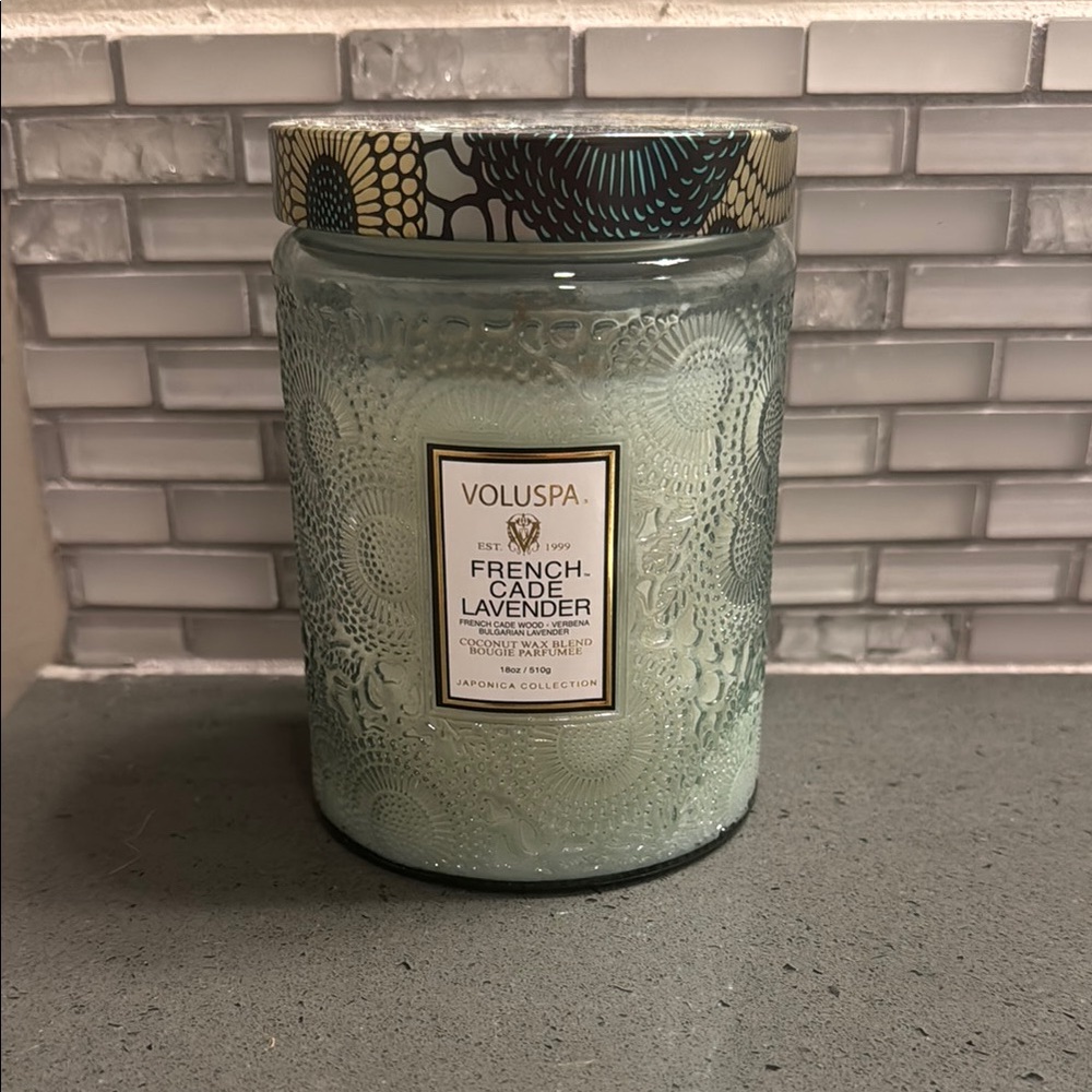 Voluspa Gray Candle with Ornate Lid and Embossed Design